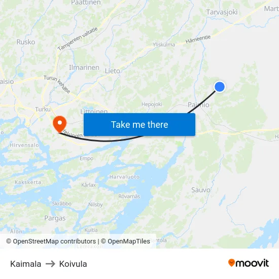 Kaimala to Koivula map