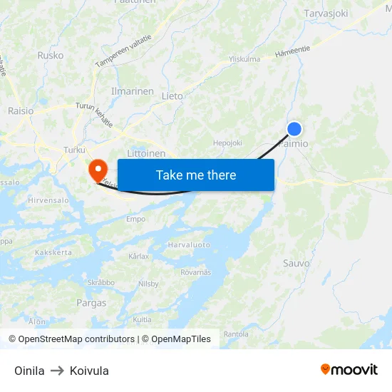 Oinila to Koivula map