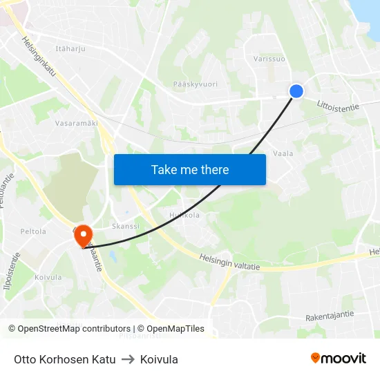 Otto Korhosen Katu [Varissuo] to Koivula map