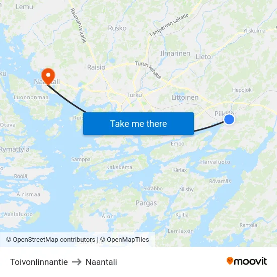Toivonlinnantie to Naantali map
