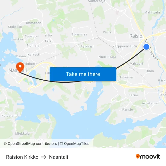 Raision Kirkko to Naantali map