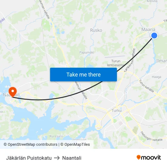 Jäkärlän Puistokatu to Naantali map