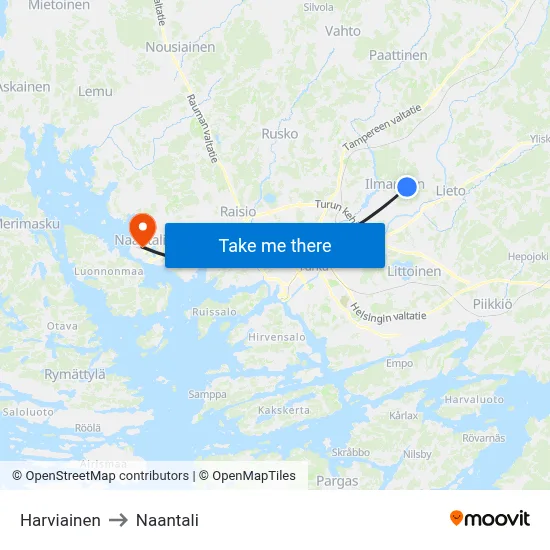 Harviainen to Naantali map