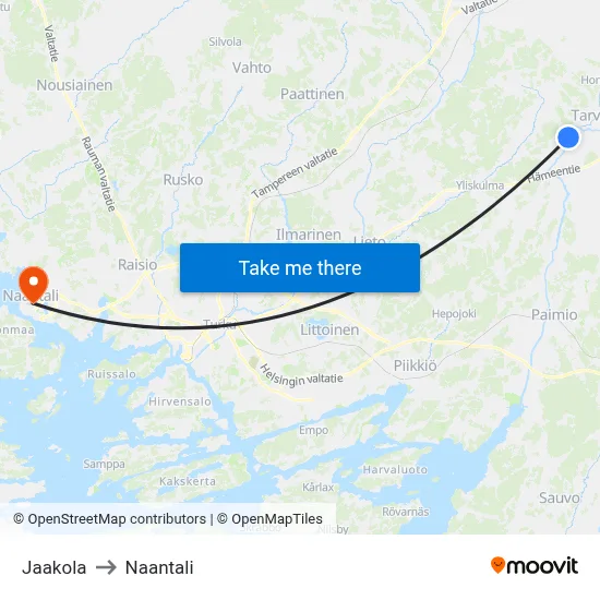 Jaakola to Naantali map