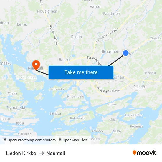 Liedon Kirkko to Naantali map