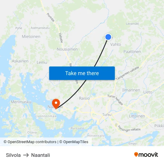 Silvola to Naantali map