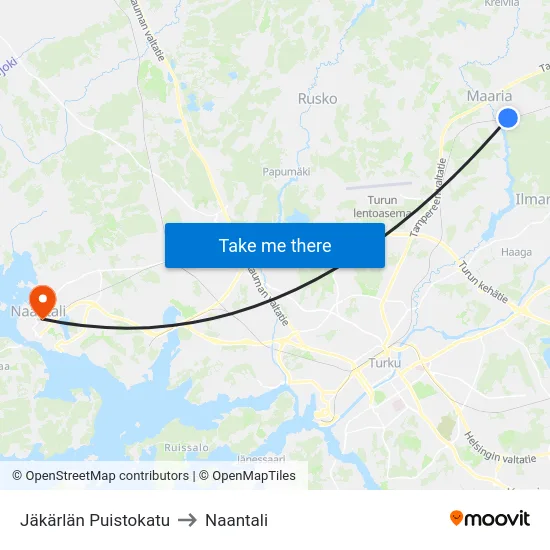 Jäkärlän Puistokatu to Naantali map