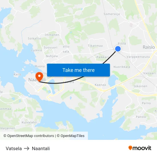 Vatsela to Naantali map