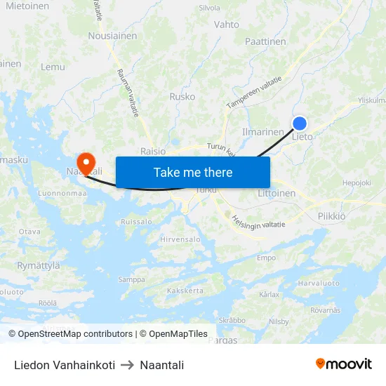 Liedon Vanhainkoti to Naantali map