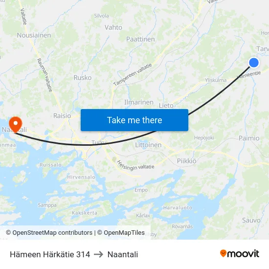 Hämeen Härkätie 314 to Naantali map