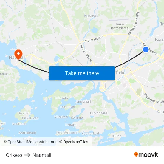 Oriketo to Naantali map