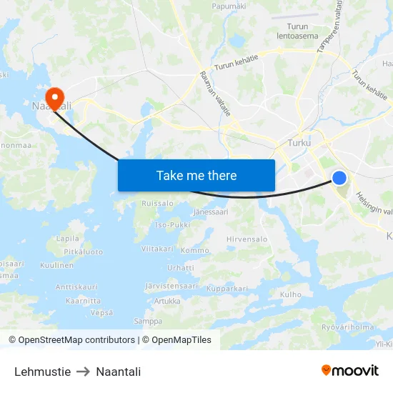 Lehmustie to Naantali map