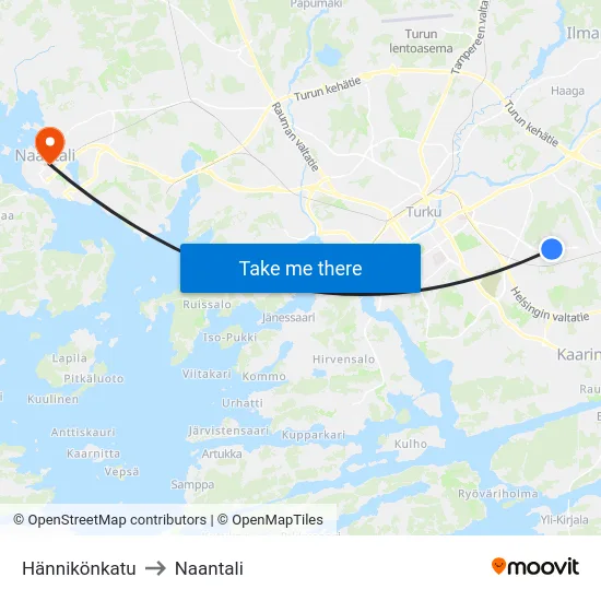 Hännikönkatu to Naantali map