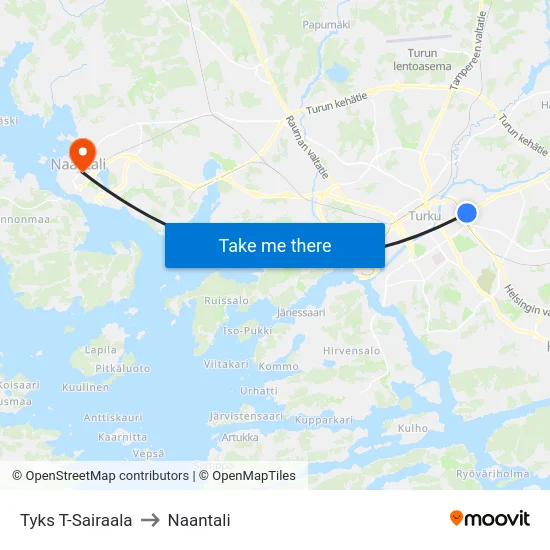 Tyks T-Sairaala to Naantali map