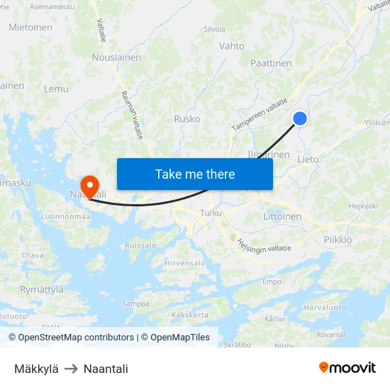 Mäkkylä to Naantali map