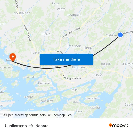Uusikartano to Naantali map