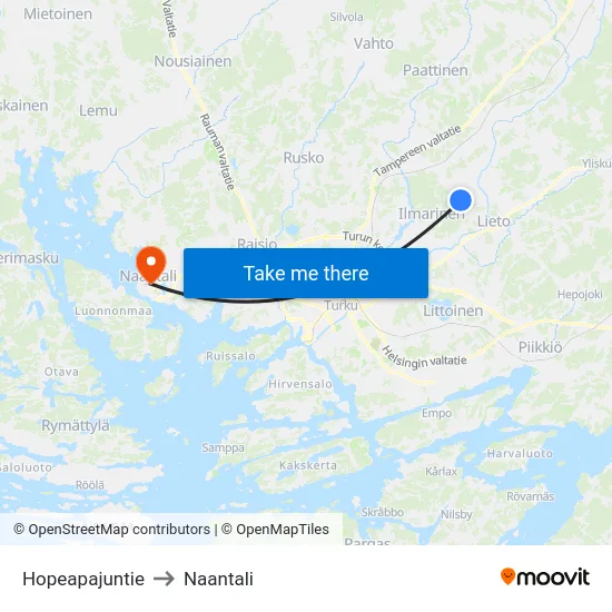 Hopeapajuntie to Naantali map