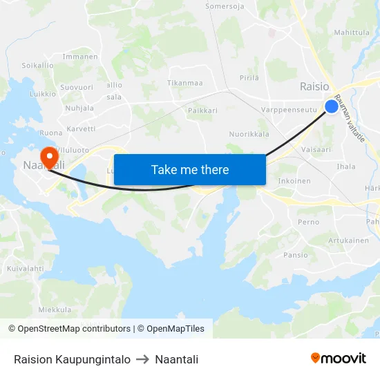 Raision Kaupungintalo to Naantali map