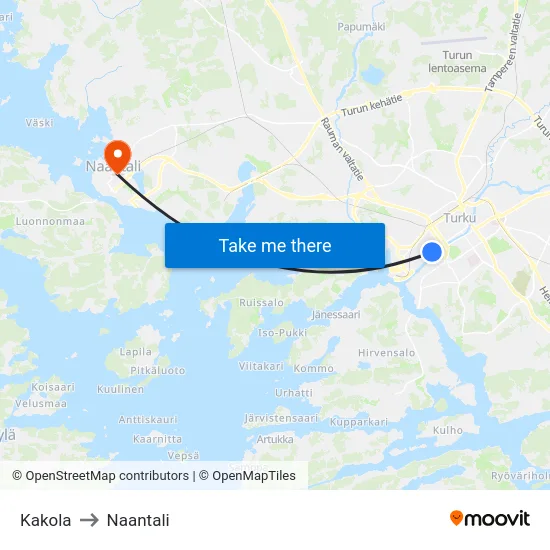 Kakola to Naantali map