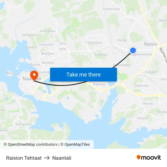 Raision Tehtaat to Naantali map