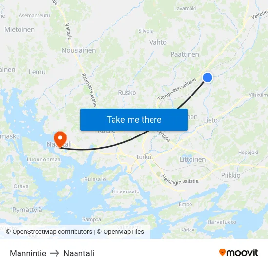 Mannintie to Naantali map