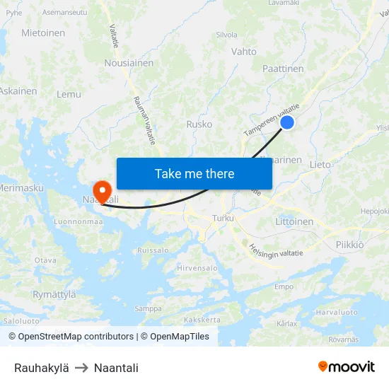 Rauhakylä to Naantali map