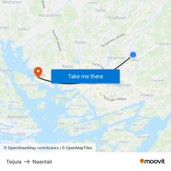 Teijula to Naantali map