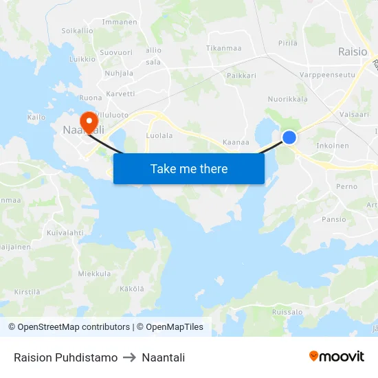 Raision Puhdistamo to Naantali map