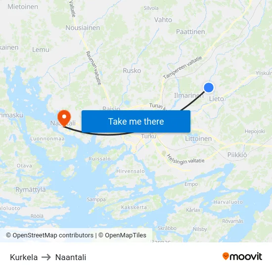 Kurkela to Naantali map