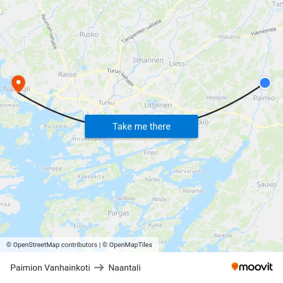 Paimion Vanhainkoti to Naantali map