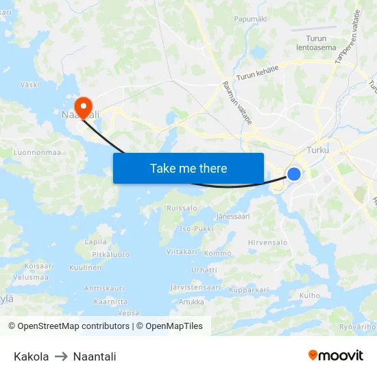 Kakola to Naantali map