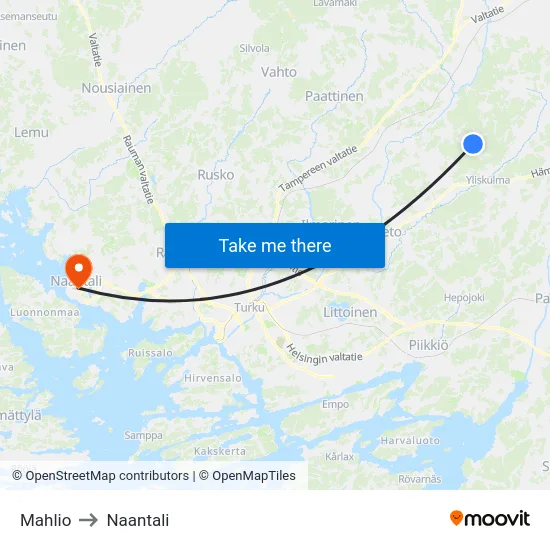 Mahlio to Naantali map