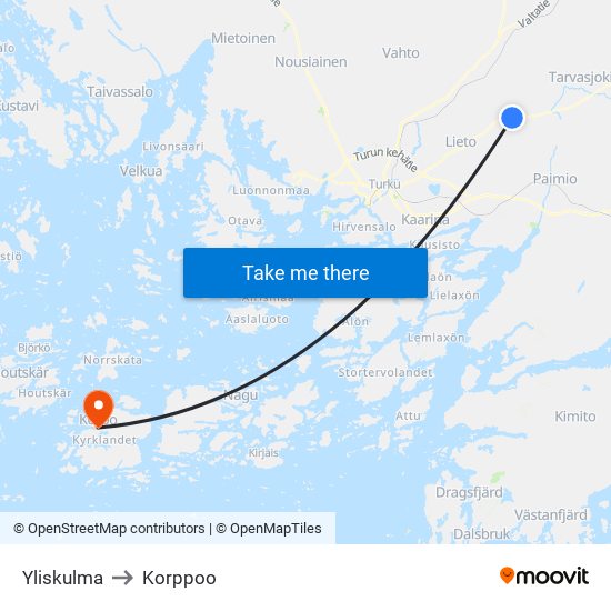 Yliskulma to Korppoo map