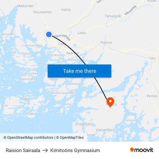 Raision Sairaala to Kimitoöns Gymnasium map