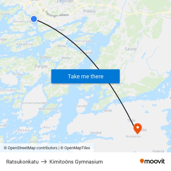 Ratsukonkatu to Kimitoöns Gymnasium map