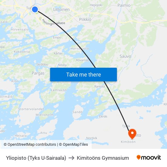 Yliopisto (Tyks U-Sairaala) to Kimitoöns Gymnasium map