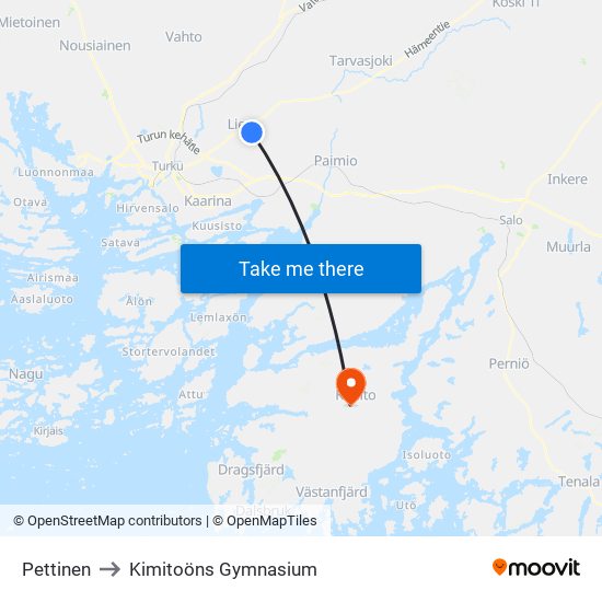 Pettinen to Kimitoöns Gymnasium map