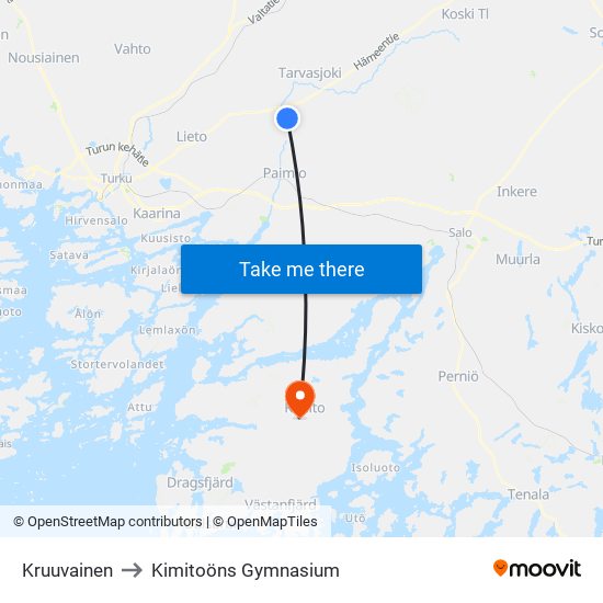 Kruuvainen to Kimitoöns Gymnasium map