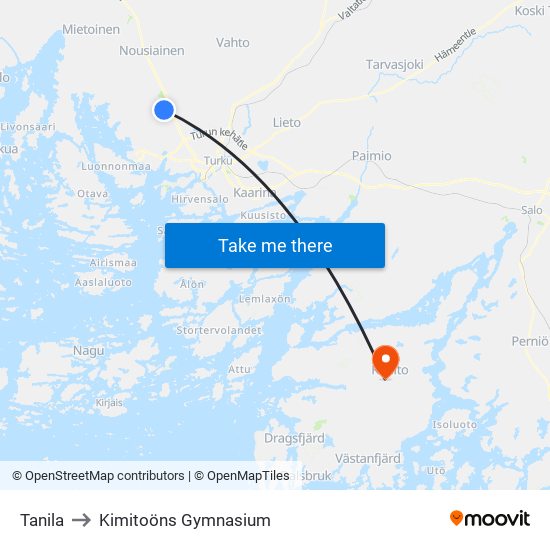 Tanila to Kimitoöns Gymnasium map