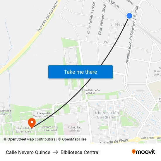 Calle Nevero Quince to Biblioteca Central map