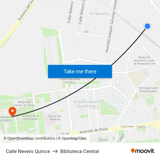 Calle Nevero Quince to Biblioteca Central map