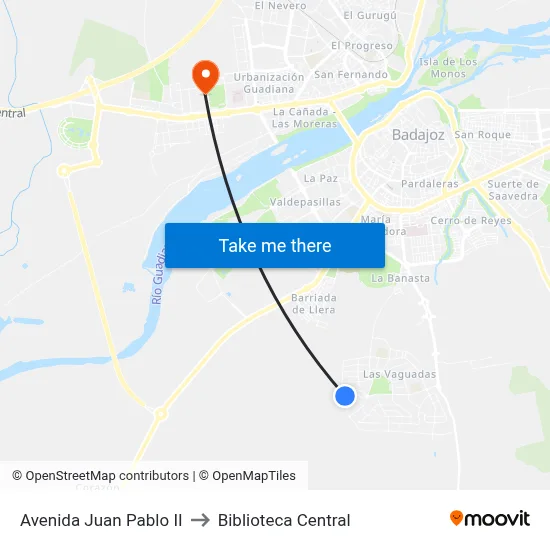 Avenida Juan Pablo II to Biblioteca Central map