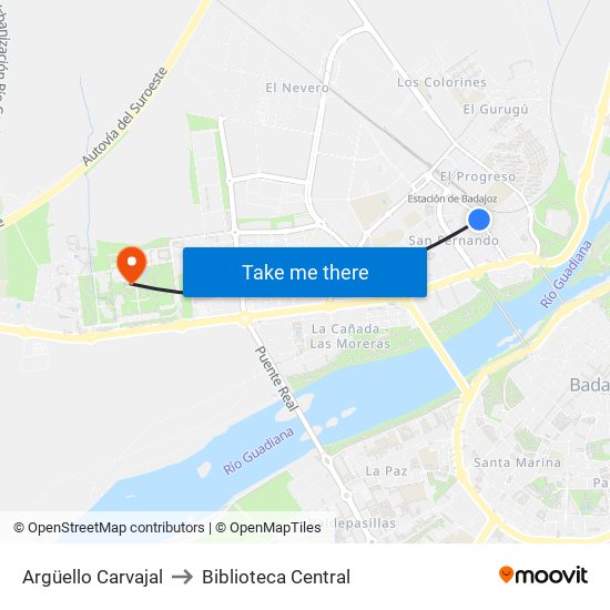 Argüello Carvajal to Biblioteca Central map