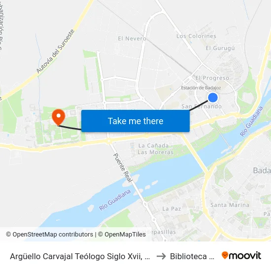 Argüello Carvajal Teólogo Siglo Xvii, 23 (C/ Canarias) to Biblioteca Central map