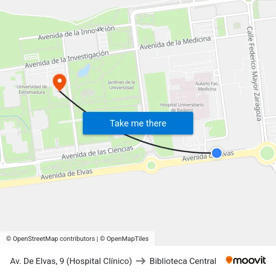 Av. De Elvas, 9 (Hospital Clínico) to Biblioteca Central map