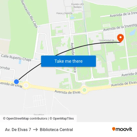 Av. De Elvas 7 to Biblioteca Central map