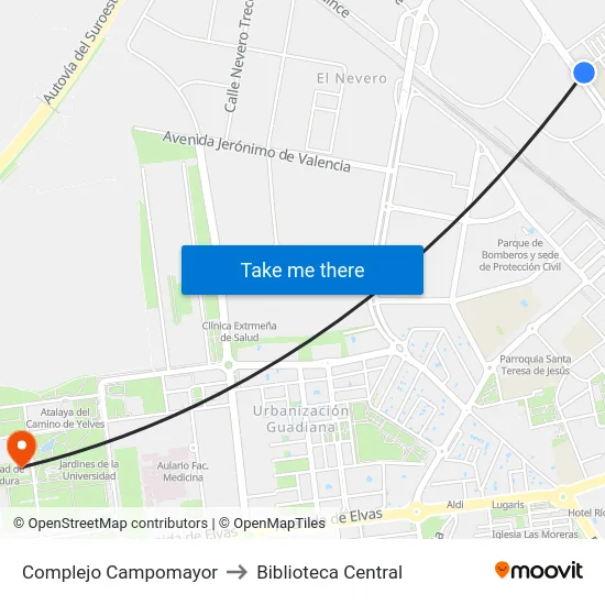 Complejo Campomayor to Biblioteca Central map