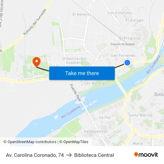 Av. Carolina Coronado, 74 to Biblioteca Central map