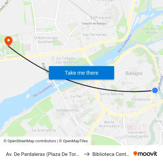 Av. De Pardaleras (Plaza De Toros) to Biblioteca Central map