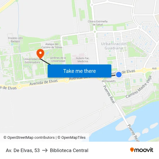 Av. De Elvas, 53 to Biblioteca Central map